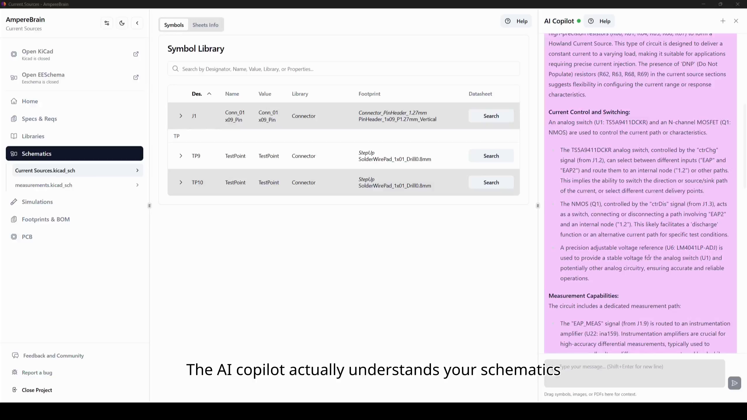 An AI copilot panel grounded in the current project context.